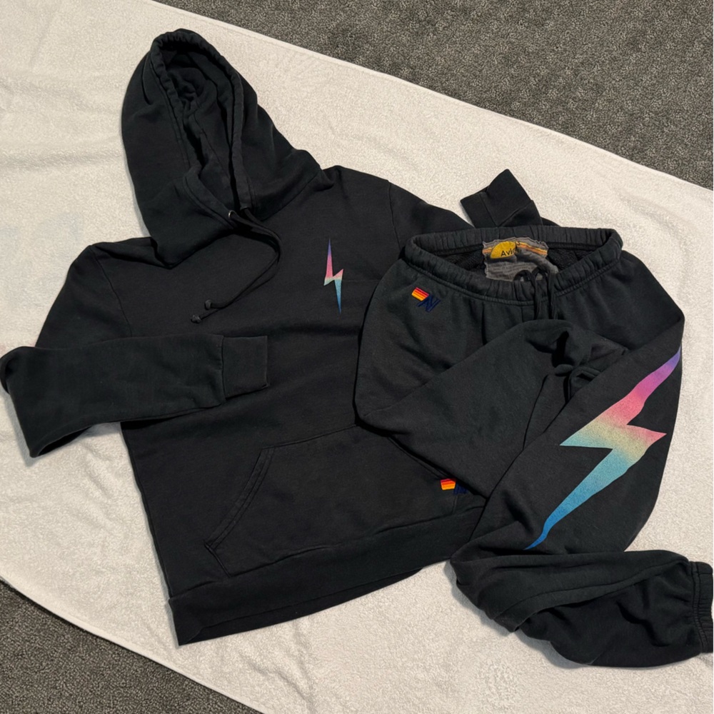 Aviator Nation Charcoal ombré rainbow bolt hoodie and sweatpants set Small